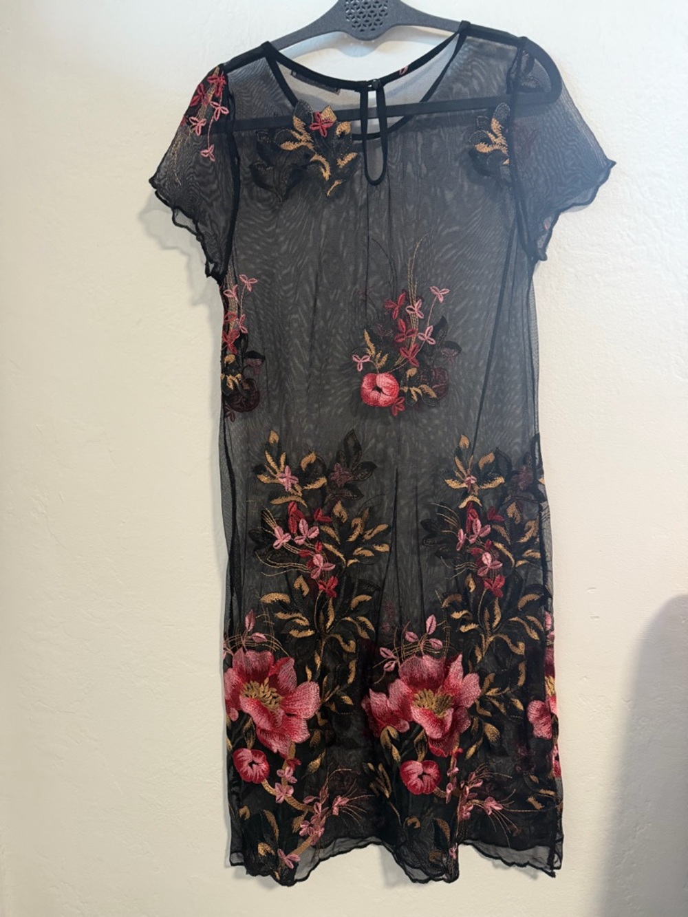 Antoinette Black Sheer Floral Embroidered Dress Mesh Overlay Boho Romantic M - Picture 7 of 10